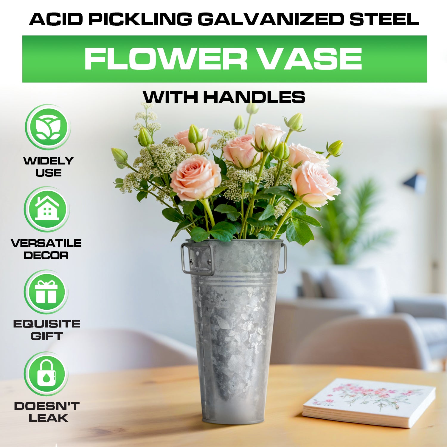 9 in Galvanized Metal Flower Vase with Handels