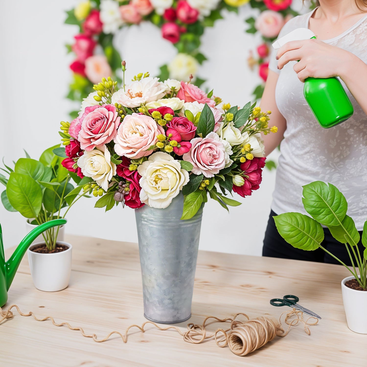 9 in Galvanized Metal Flower Vase with Handels