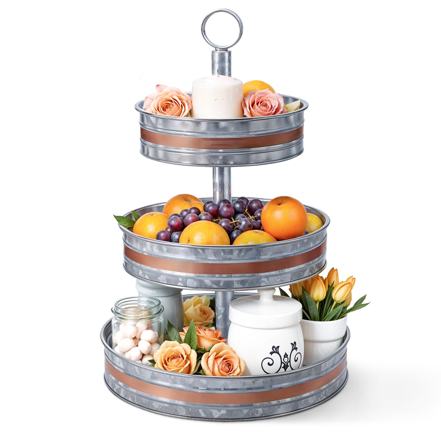 3 Tier Galvanized Metal Round Serving Tray with Golden Welt