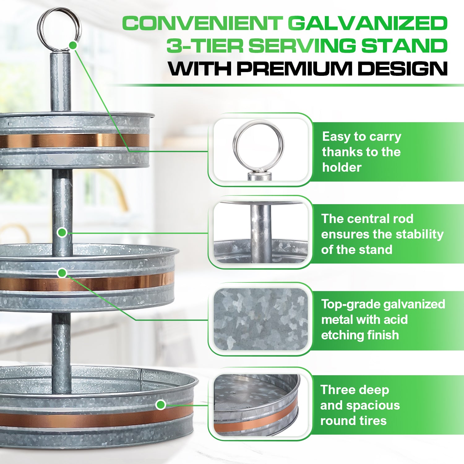 3 Tier Galvanized Metal Round Serving Tray with Golden Welt