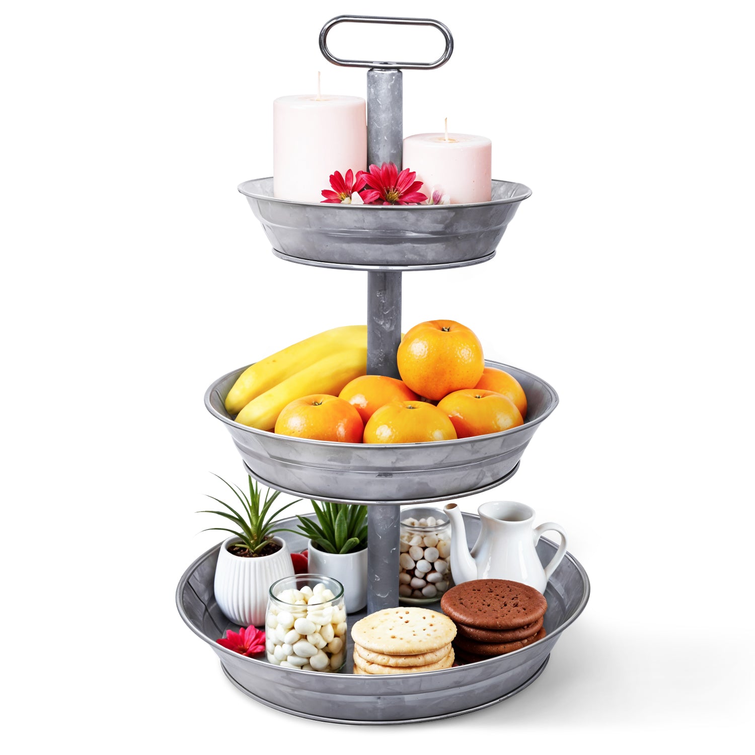 3 Tier Galvanized Metal Round Serving Tray with Slanted Sides