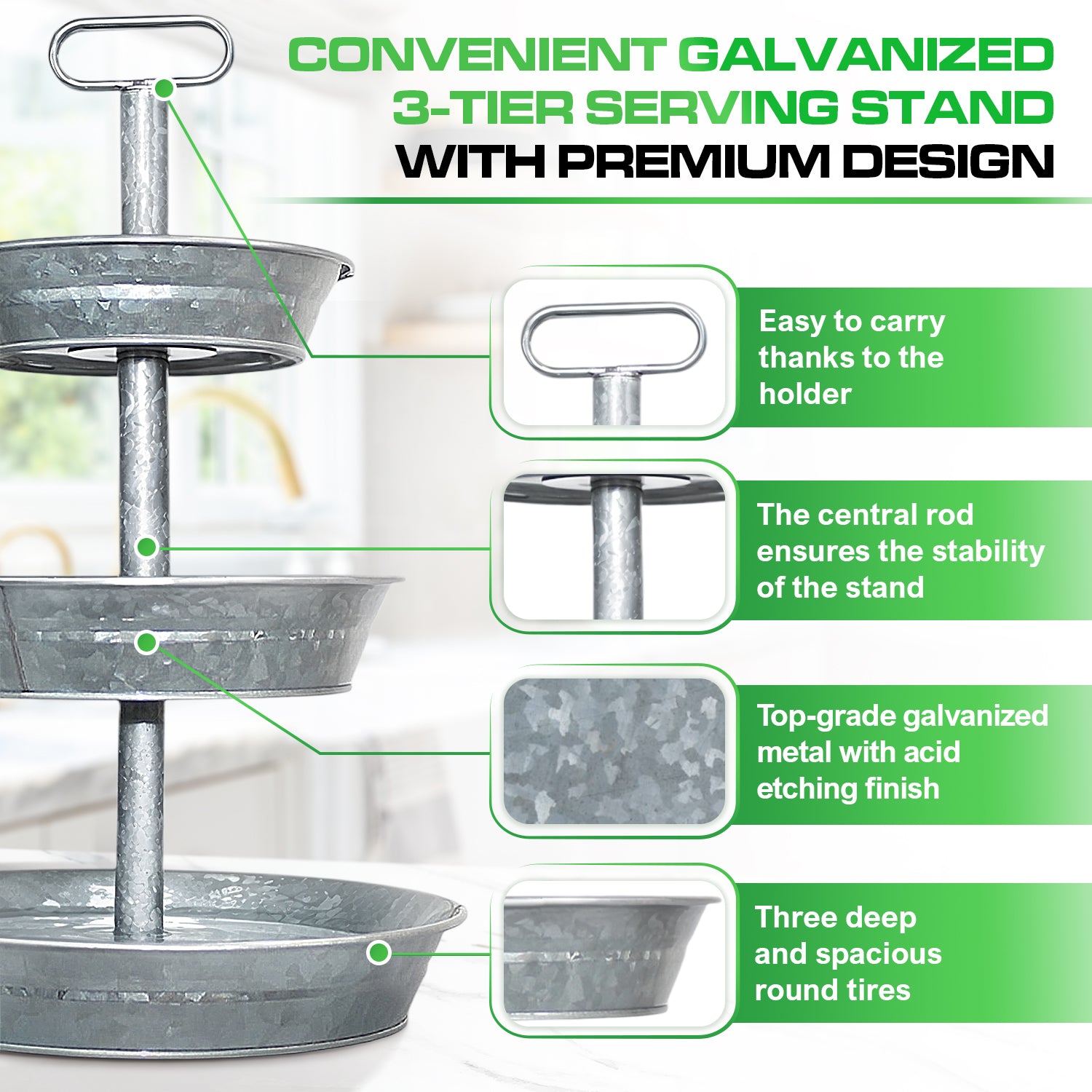 3 Tier Galvanized Metal Round Serving Tray with Slanted Sides