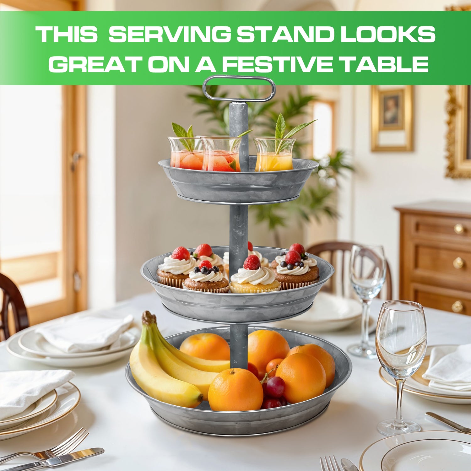 3 Tier Galvanized Metal Round Serving Tray with Slanted Sides