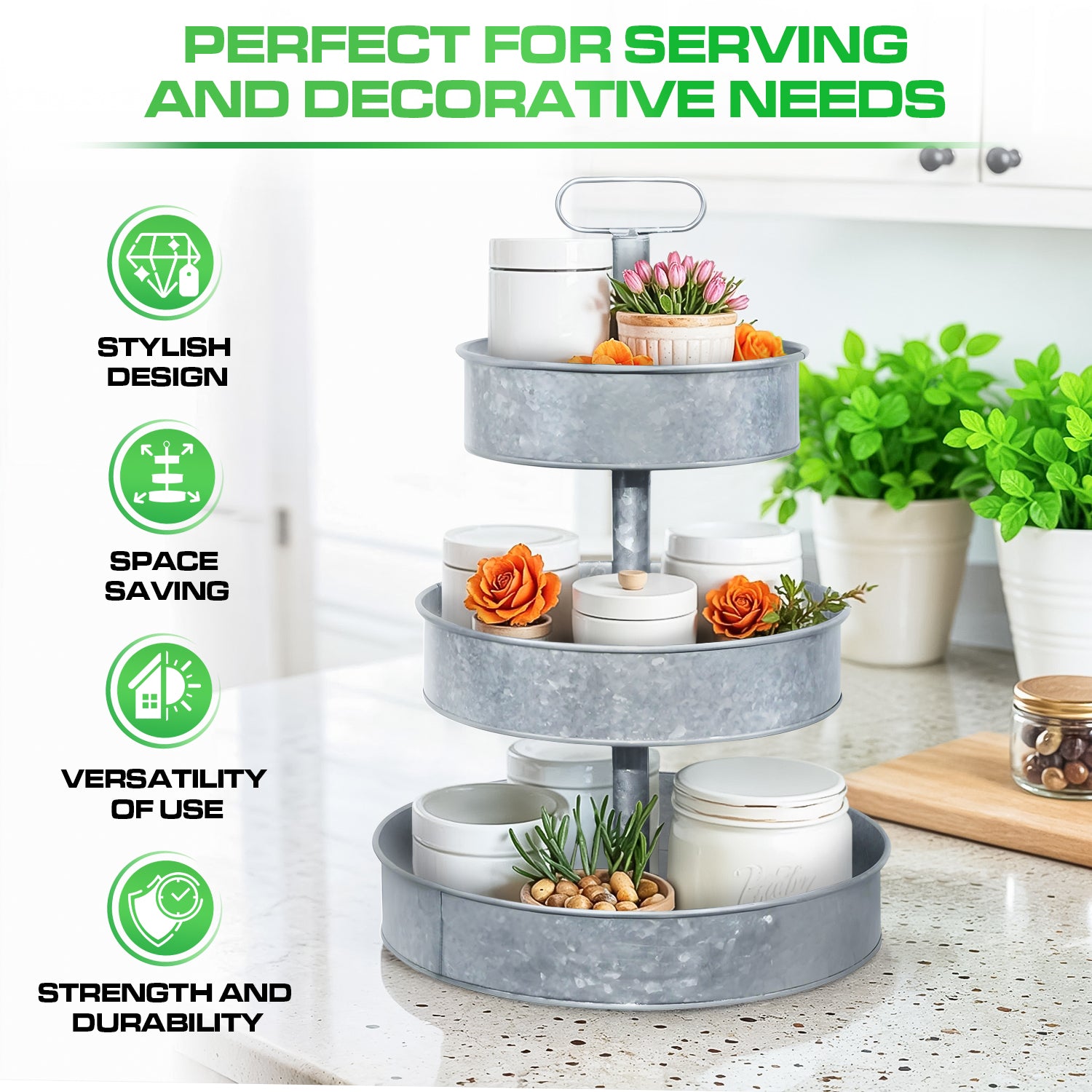 3 Tier Galvanized Metal Round Serving Tray