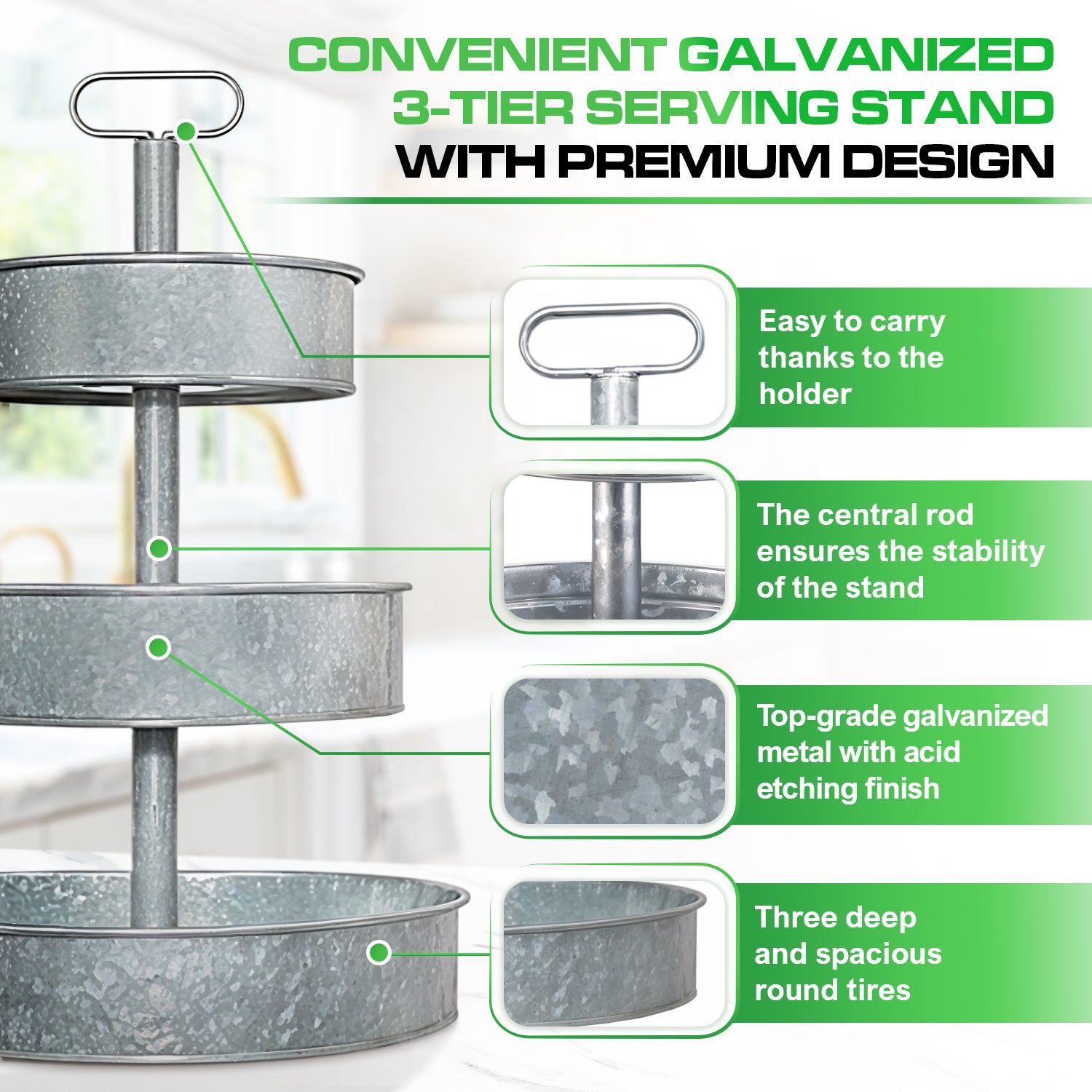 3 Tier Galvanized Metal Round Serving Tray