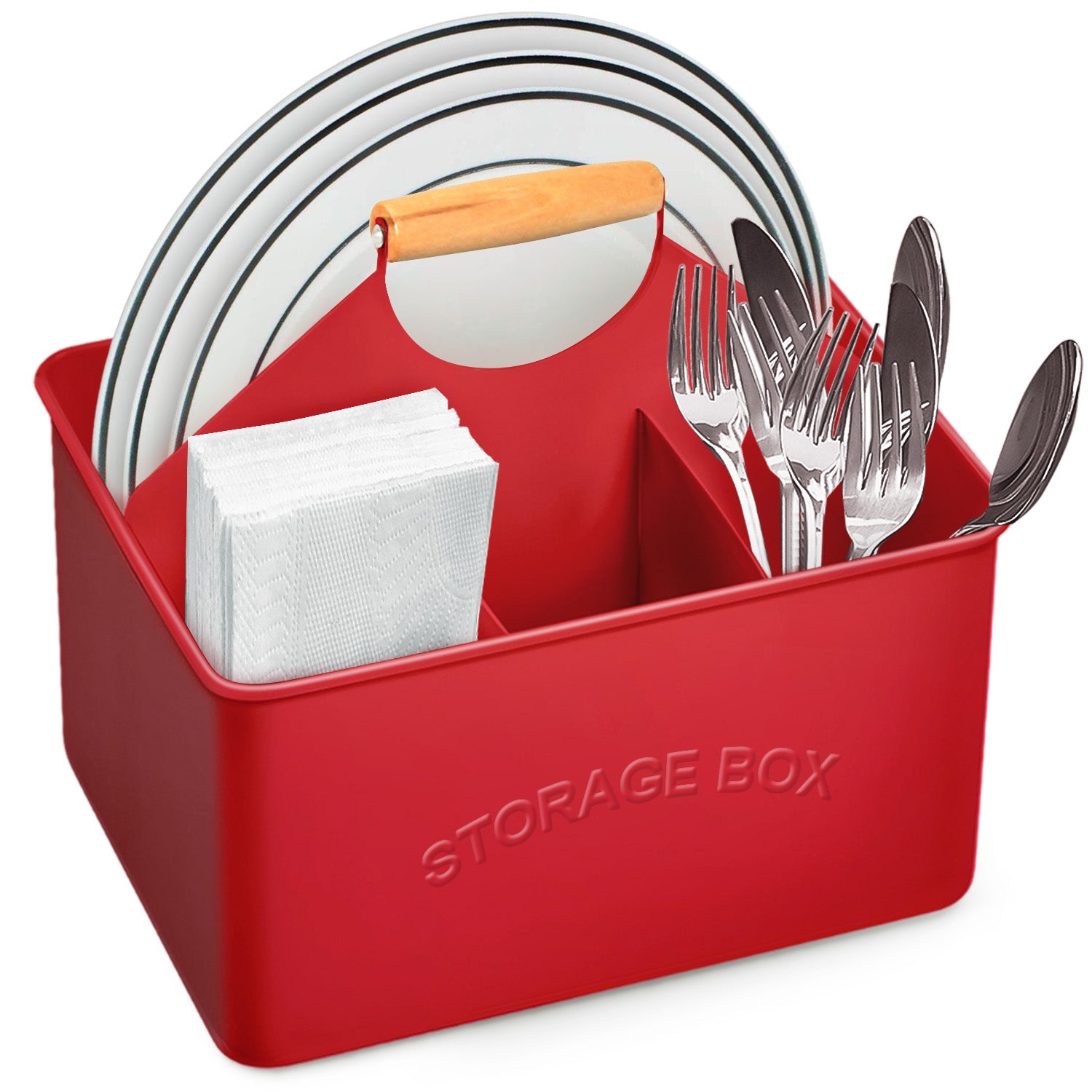 Red Galvanized Metal Utensil Caddy with Wooden Handle