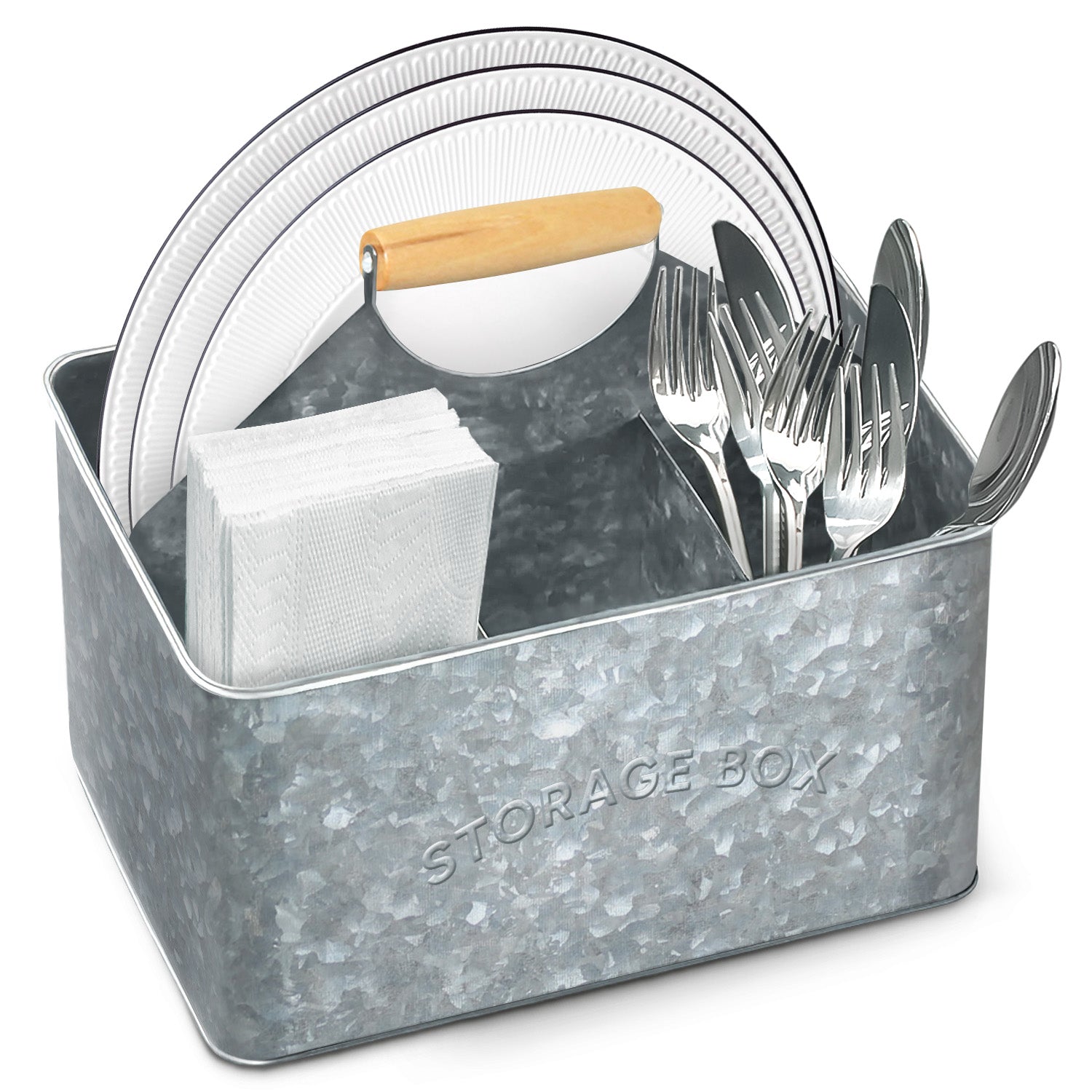 Galvanized Metal Utensil Caddy with Wooden Handle