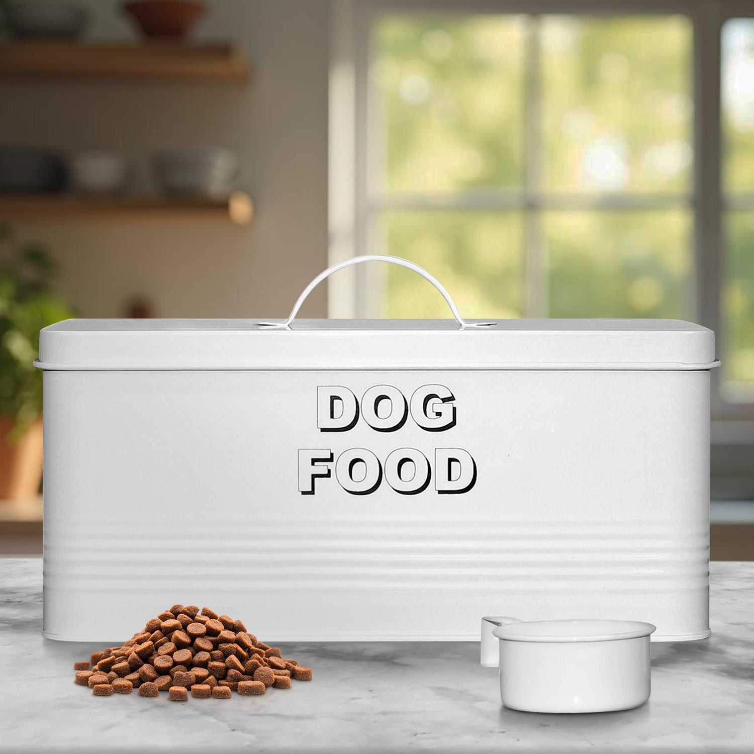 10 lb Rectangular White Metal Pet Food Storage Container with Scoop