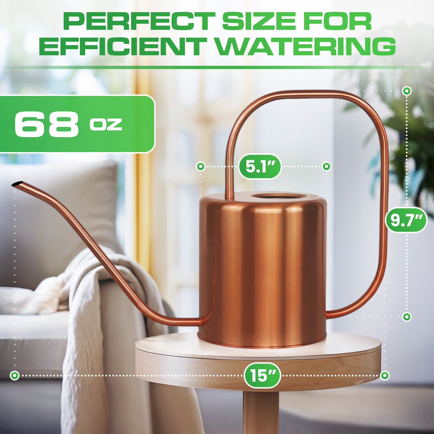 68 oz Rose Gold Stainless Steel Watering Can with Long Spout