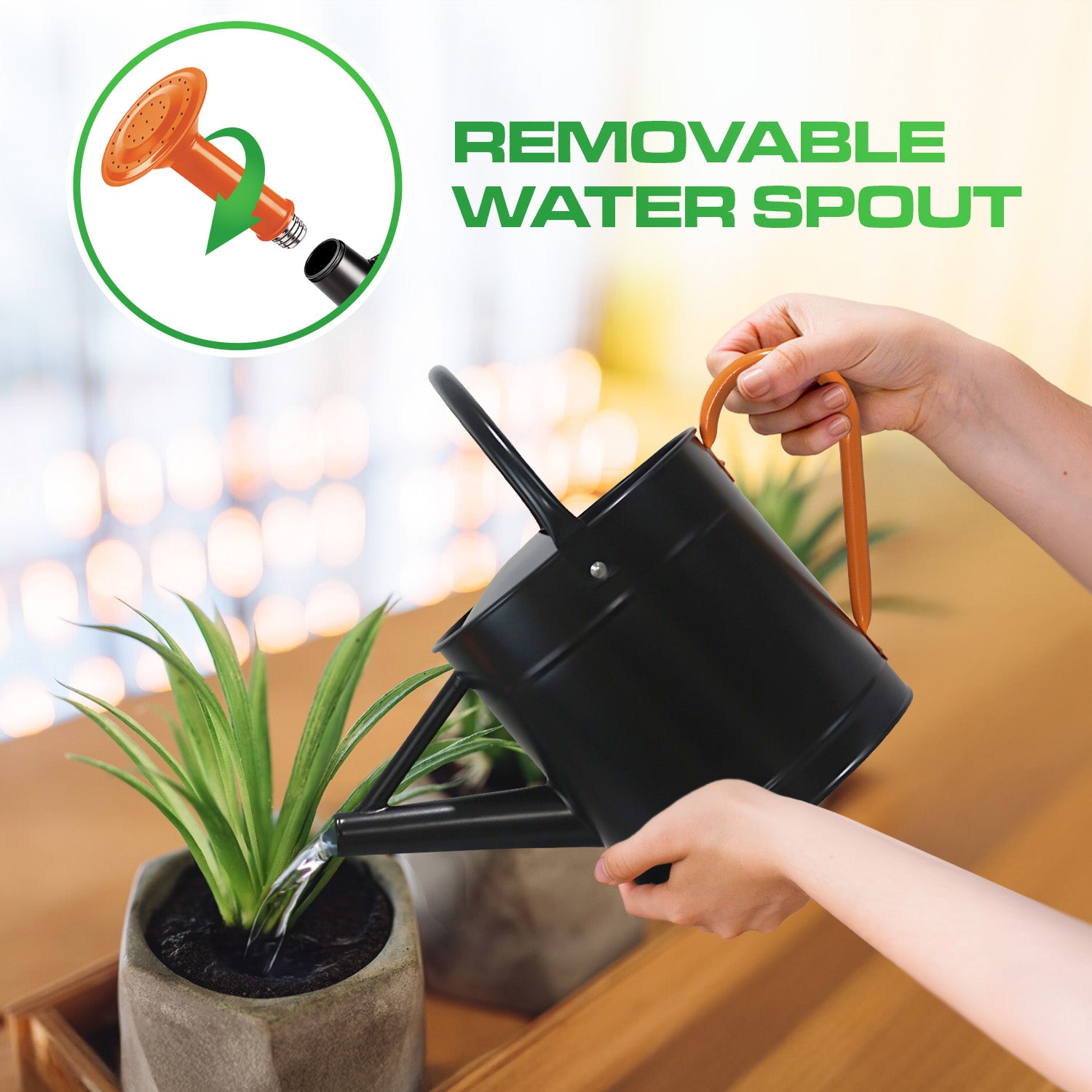 1.5 Gallon Shinny Black Metal Watering Can with Orange Handle and Spout