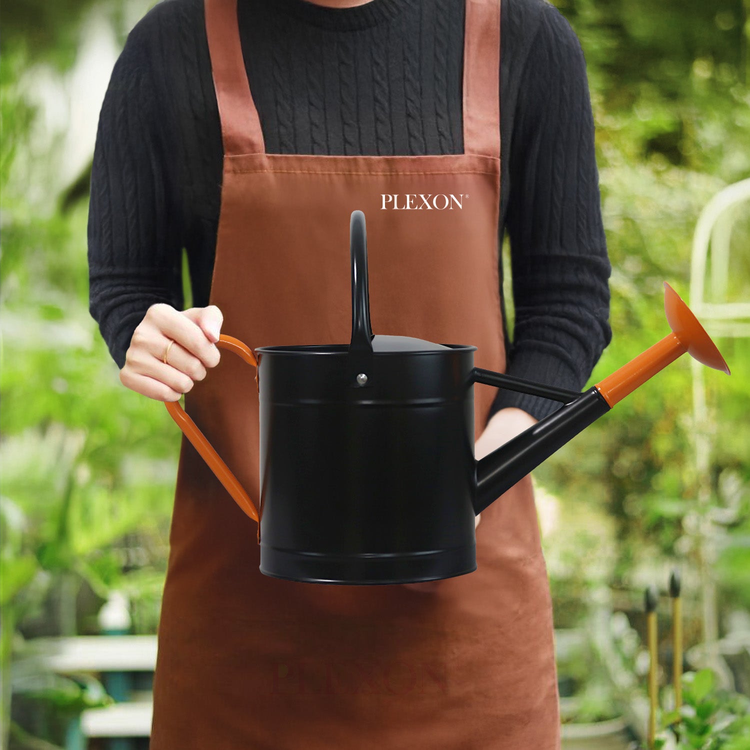 1.5 Gallon Shinny Black Metal Watering Can with Orange Handle and Spout