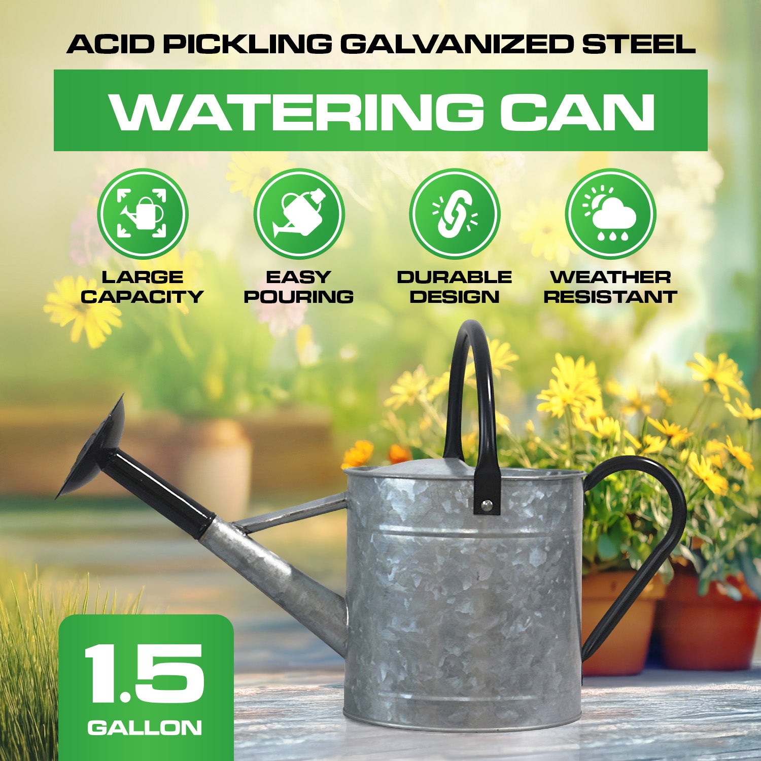 1.5 Gallon Acid Pickling Galvanized Metal Watering Can with Black Handle and Spout