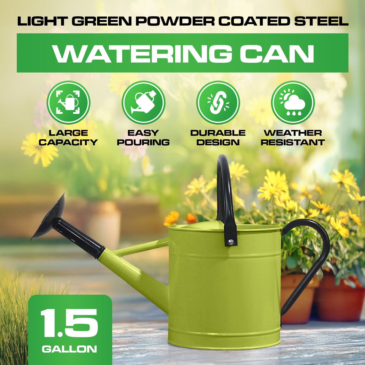 1.5 Gallon Green Metal Watering Can with Black Handle and Spout