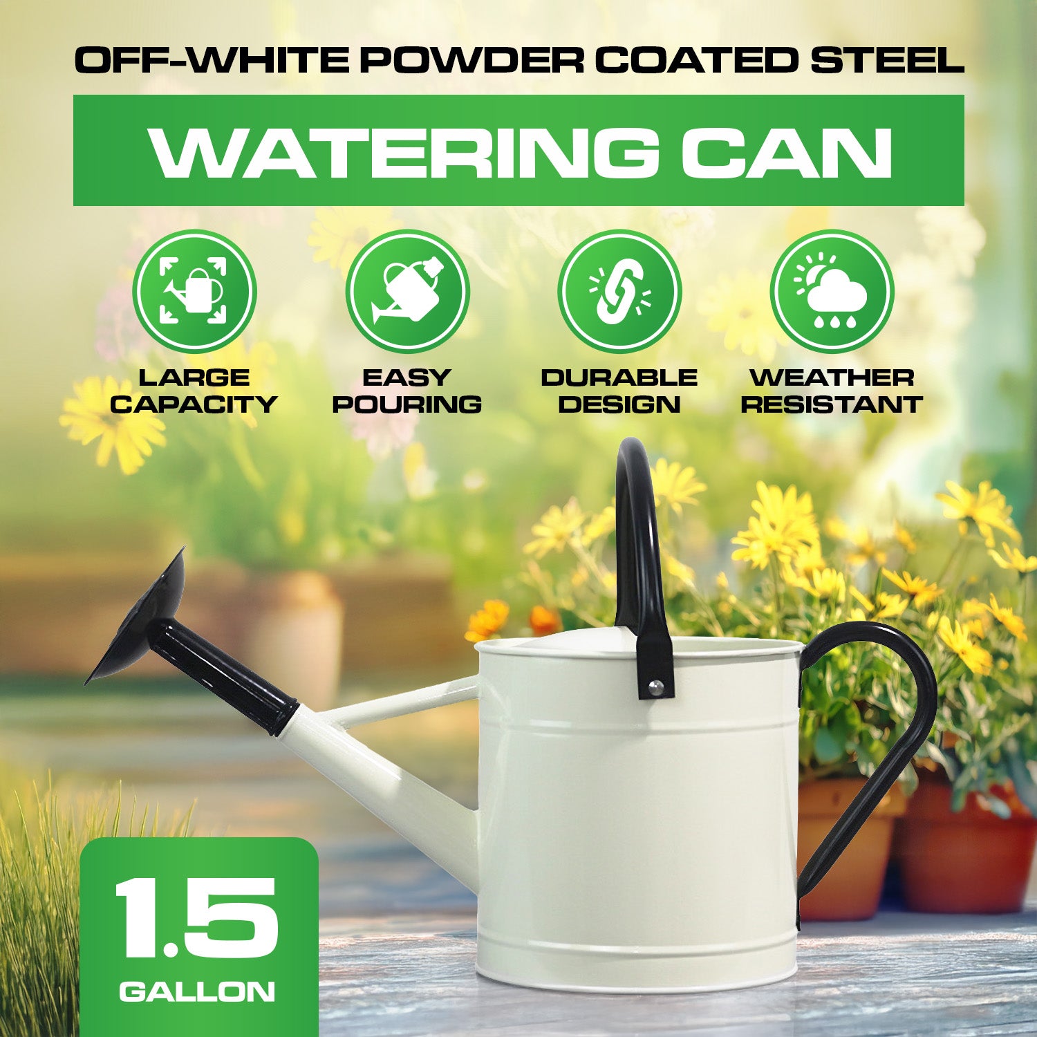 1.5 Gallon Off-white Metal Watering Can with Black Handle and Spout