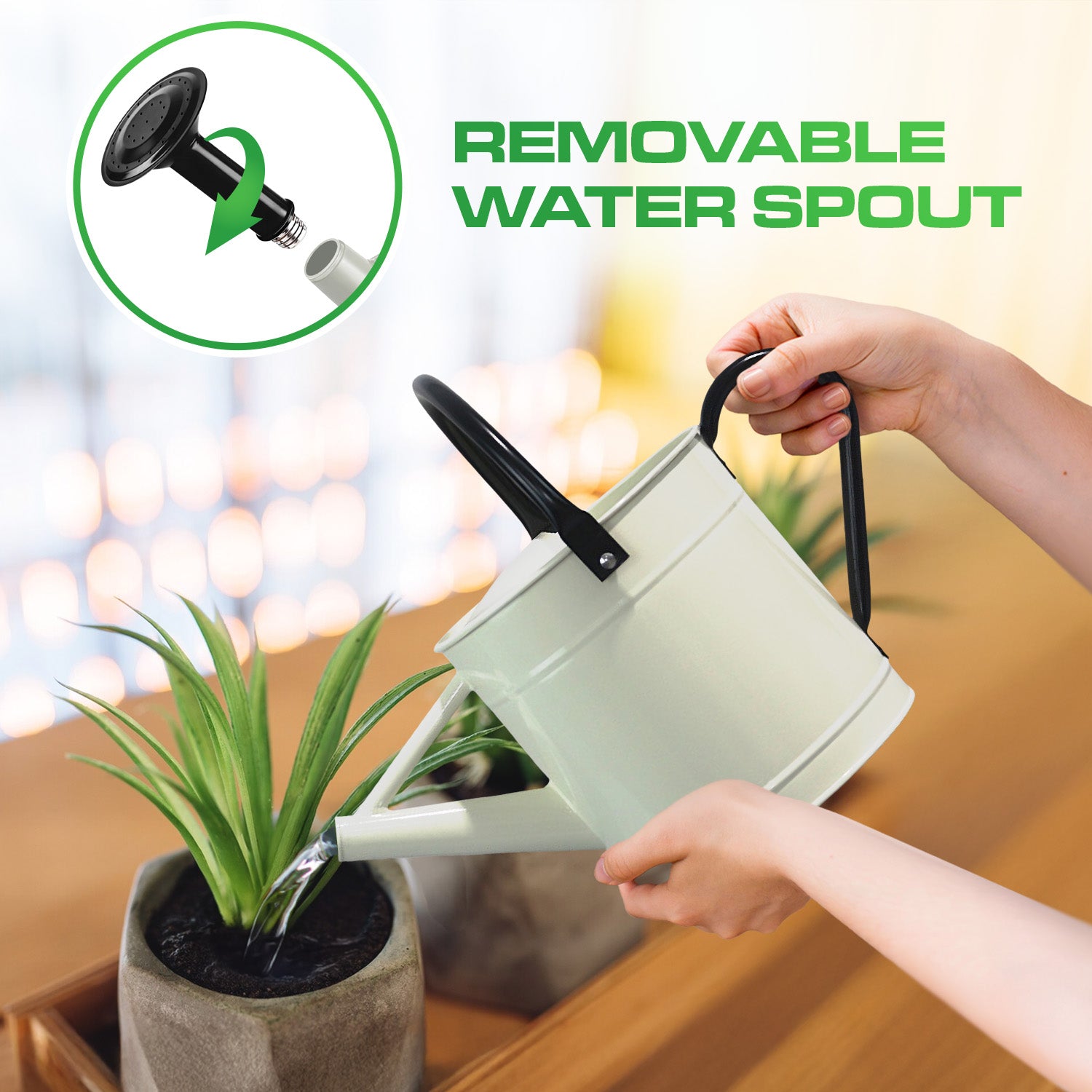 1.5 Gallon Off-white Metal Watering Can with Black Handle and Spout