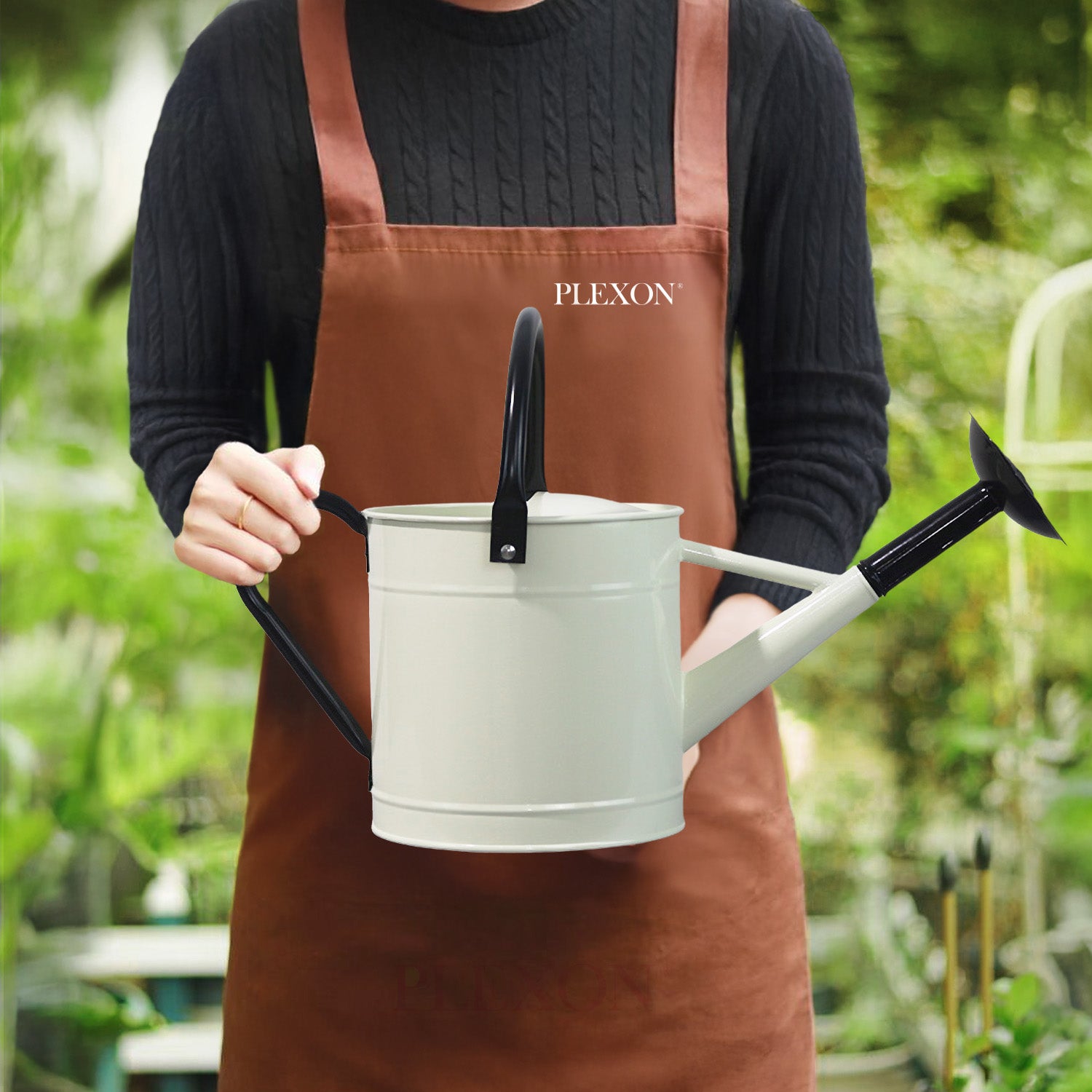 1.5 Gallon Off-white Metal Watering Can with Black Handle and Spout