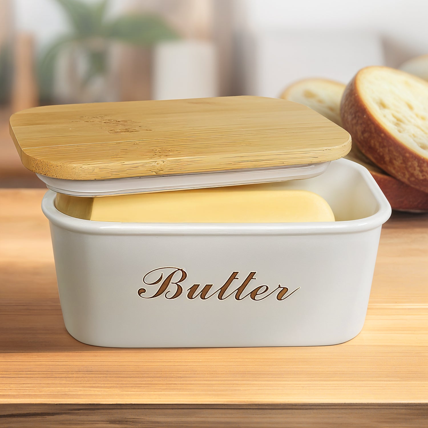 Beige Metal Butter Dish with Wooden Lid