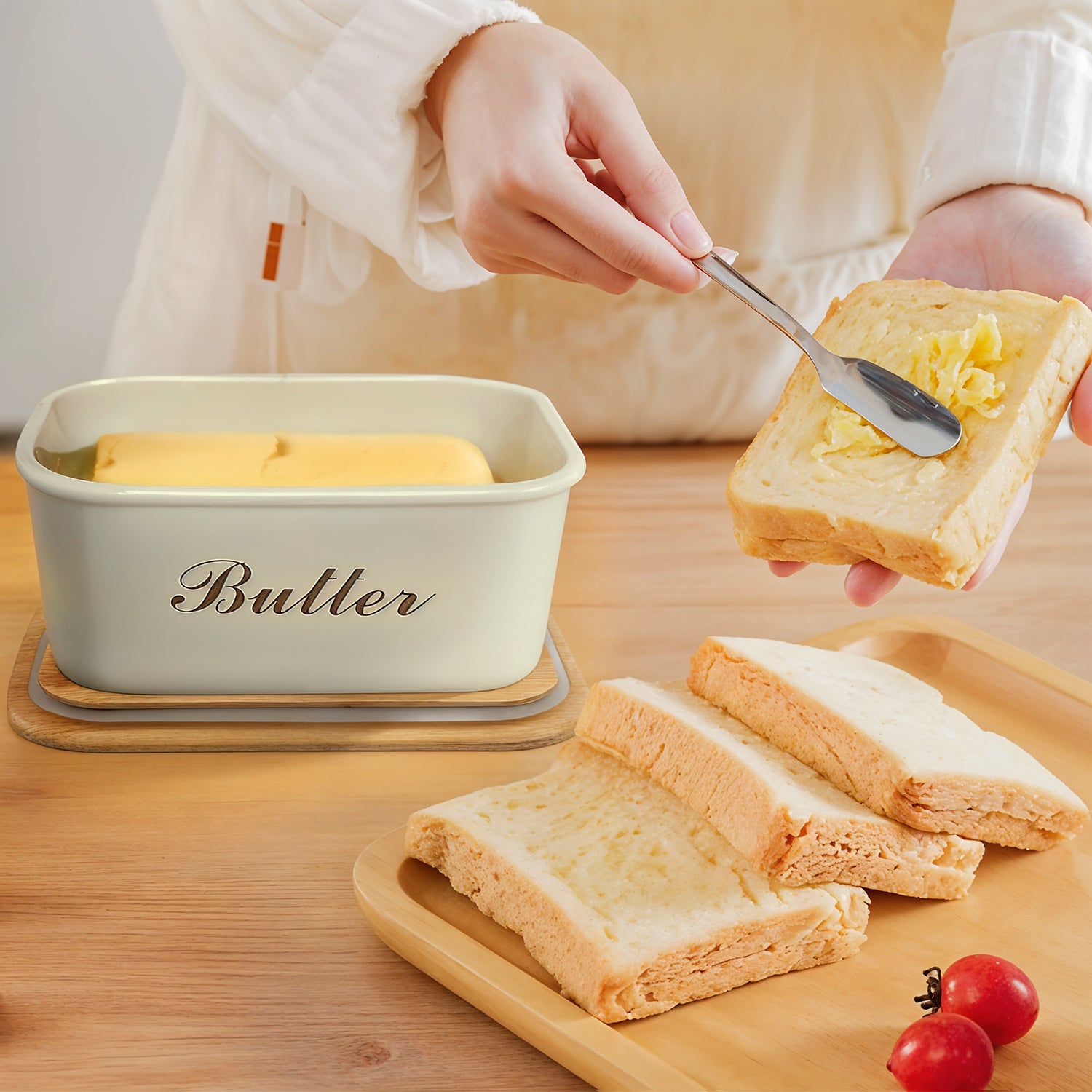 Beige Metal Butter Dish with Wooden Lid