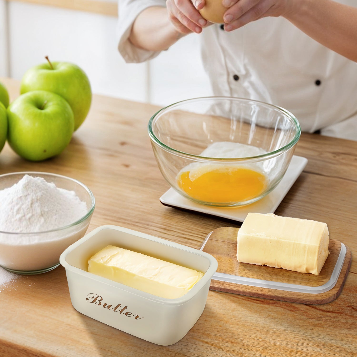 Beige Metal Butter Dish with Wooden Lid