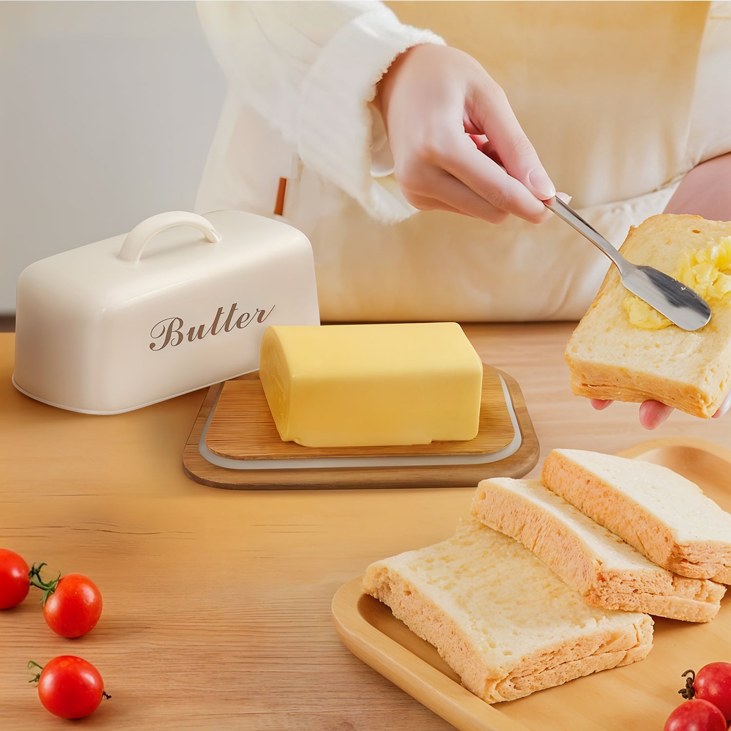 Wooden Butter Dish with Beige Metal Lid and Handle