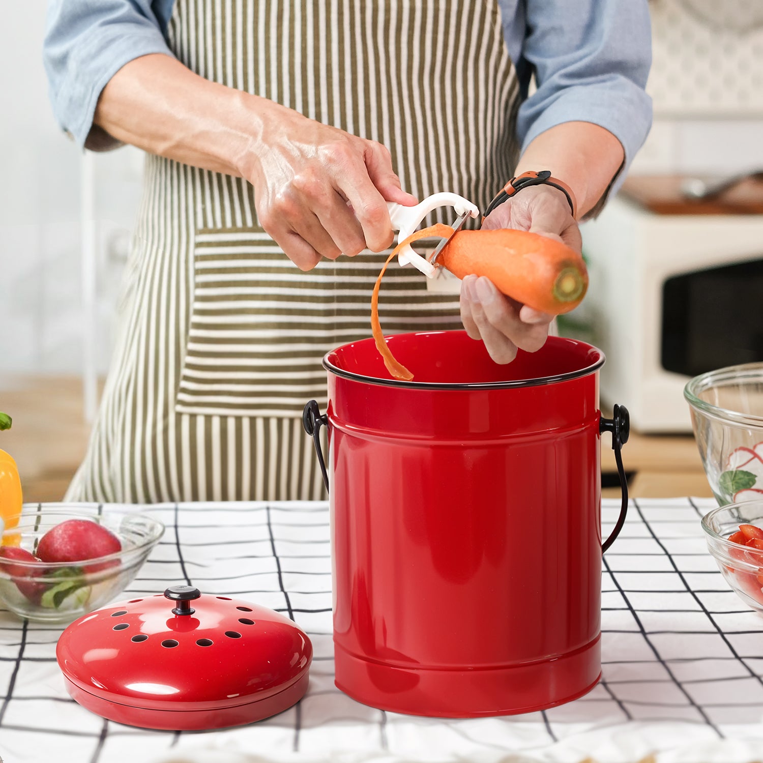 1.5 Gallon Red Metal Compost Bin with Airflow Lid and One Charcoal Filter