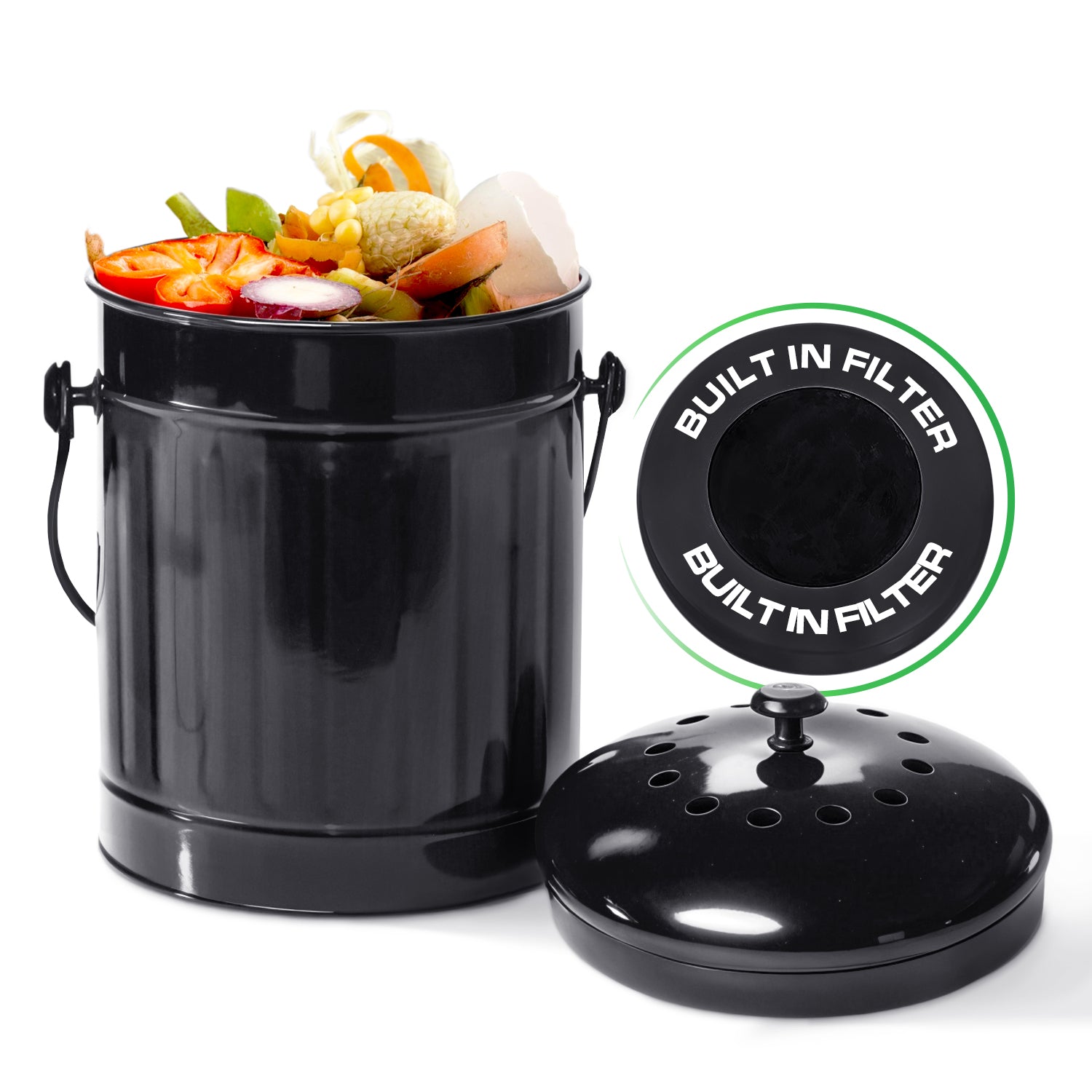 1.5 Gallon Black Metal Compost Bin with Airflow Lid and One Charcoal Filter