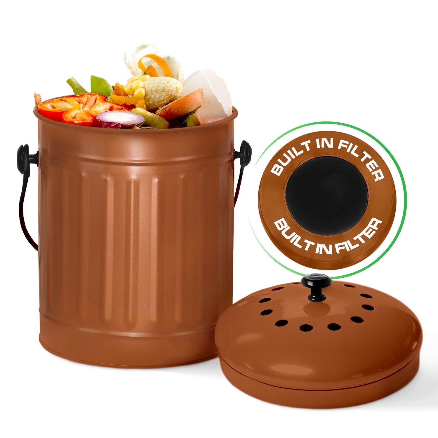 1.5 Gallon Bronze Metal Compost Bin with Airflow Lid and One Charcoal Filter