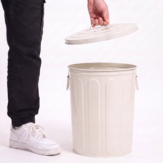 Plexon 5 Gallon Small Metal Trash Can with Lid Outdoor Galvanized Steel Bucket with Lid 5 Gal Storage Can for Dog Food Bird Seed Storage Container Rodent Pet Proof, Matte Off-White