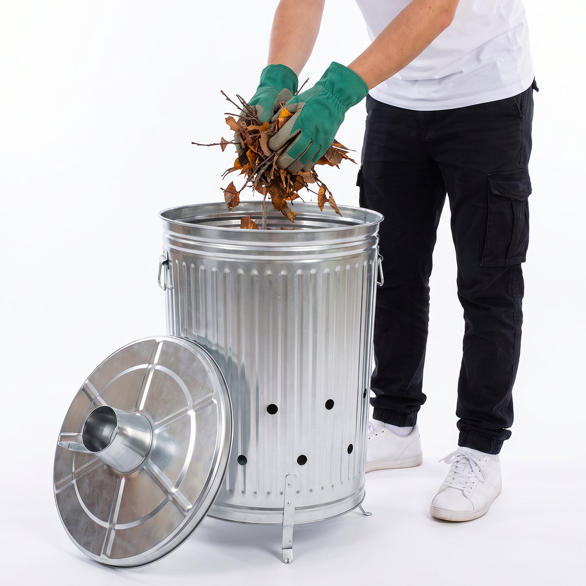 Plexon Metal Compost Bin Outdoor Burn Bin - Galvanized Trash Can with Lid Chimney and Vent Holes - Trash Burning Container Composter Incinerator for Garbage, 20 Gallon (Chimney Lid and Vent Holes)