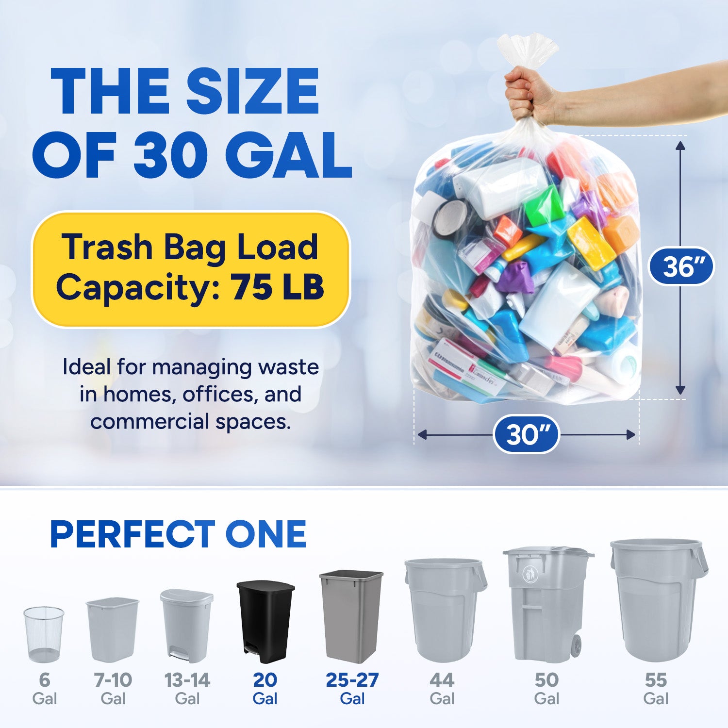 30" x 36", 30 Gal, 16 Mic, Clear High-Density Can Liners, 500/Case