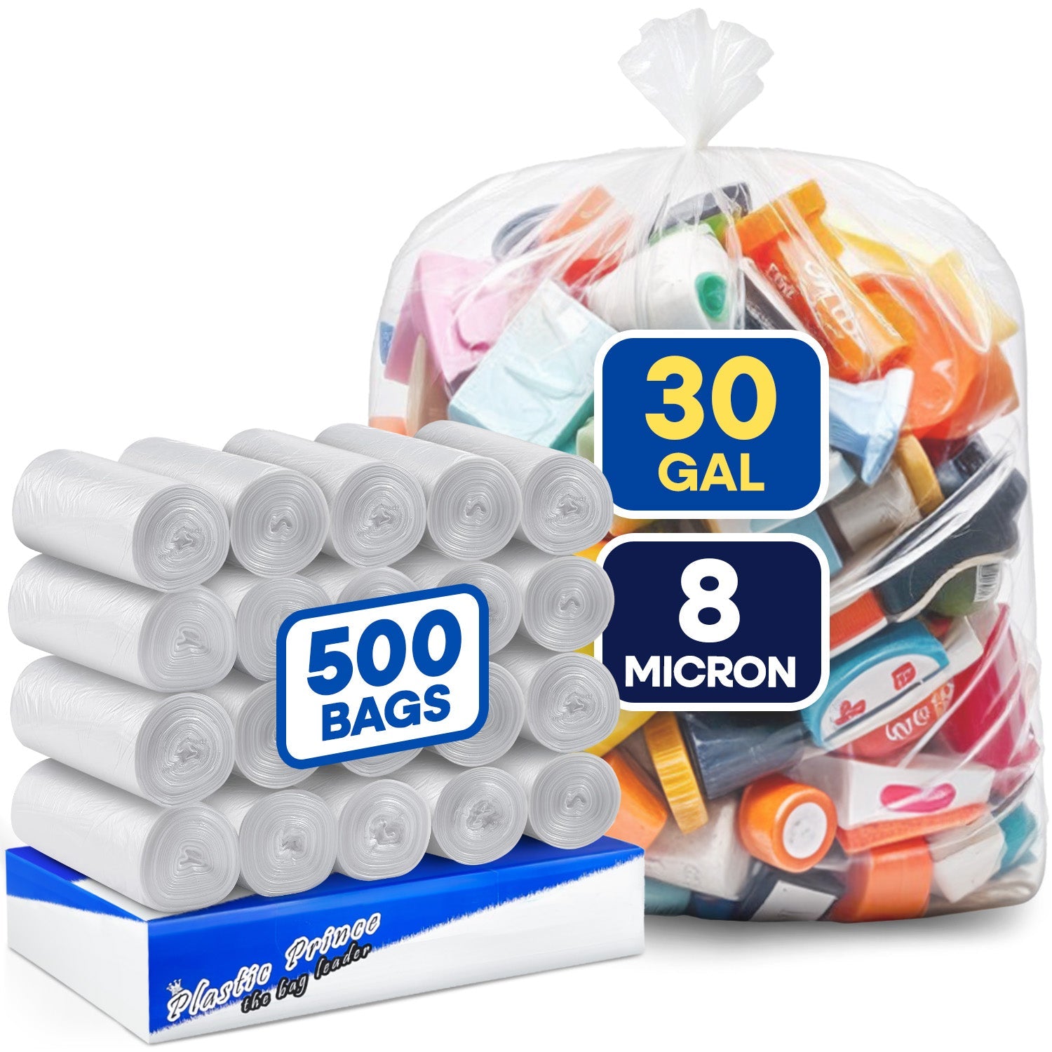 30in x 37in, 30 Gallon, 8 Mic, Clear High-Density Can Liners, 500/Case