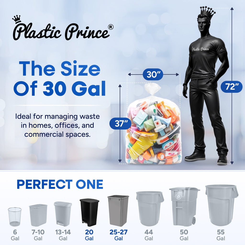 30in x 37in, 30 Gallon, 8 Mic, Clear High-Density Can Liners, 500/Case
