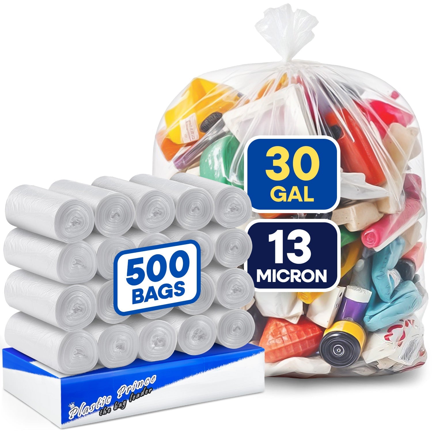 30in x 37in, 30 Gallon, 13 Mic, Clear High-Density Can Liners, 500/Case
