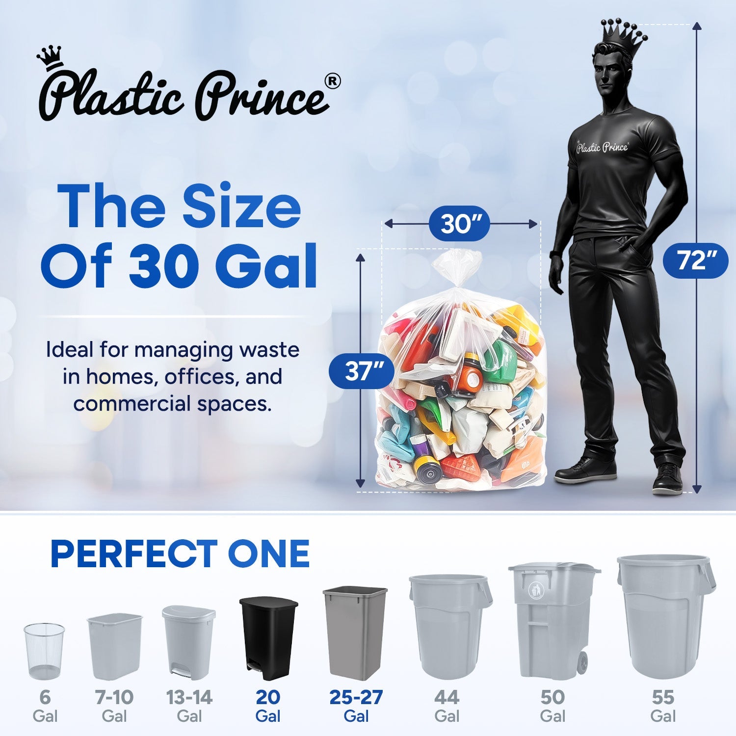30in x 37in, 30 Gallon, 13 Mic, Clear High-Density Can Liners, 500/Case