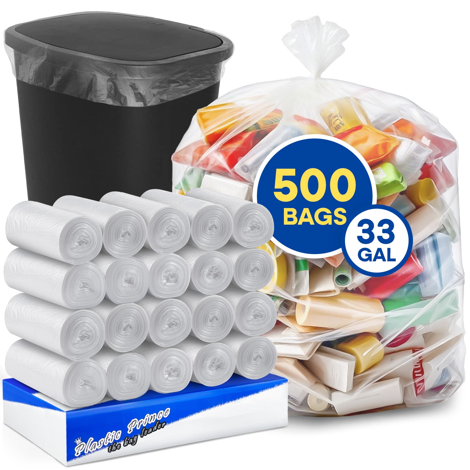 33" x 40", 33 Gal, 13 Mic, Clear High-Density Can Liners, 500/Case