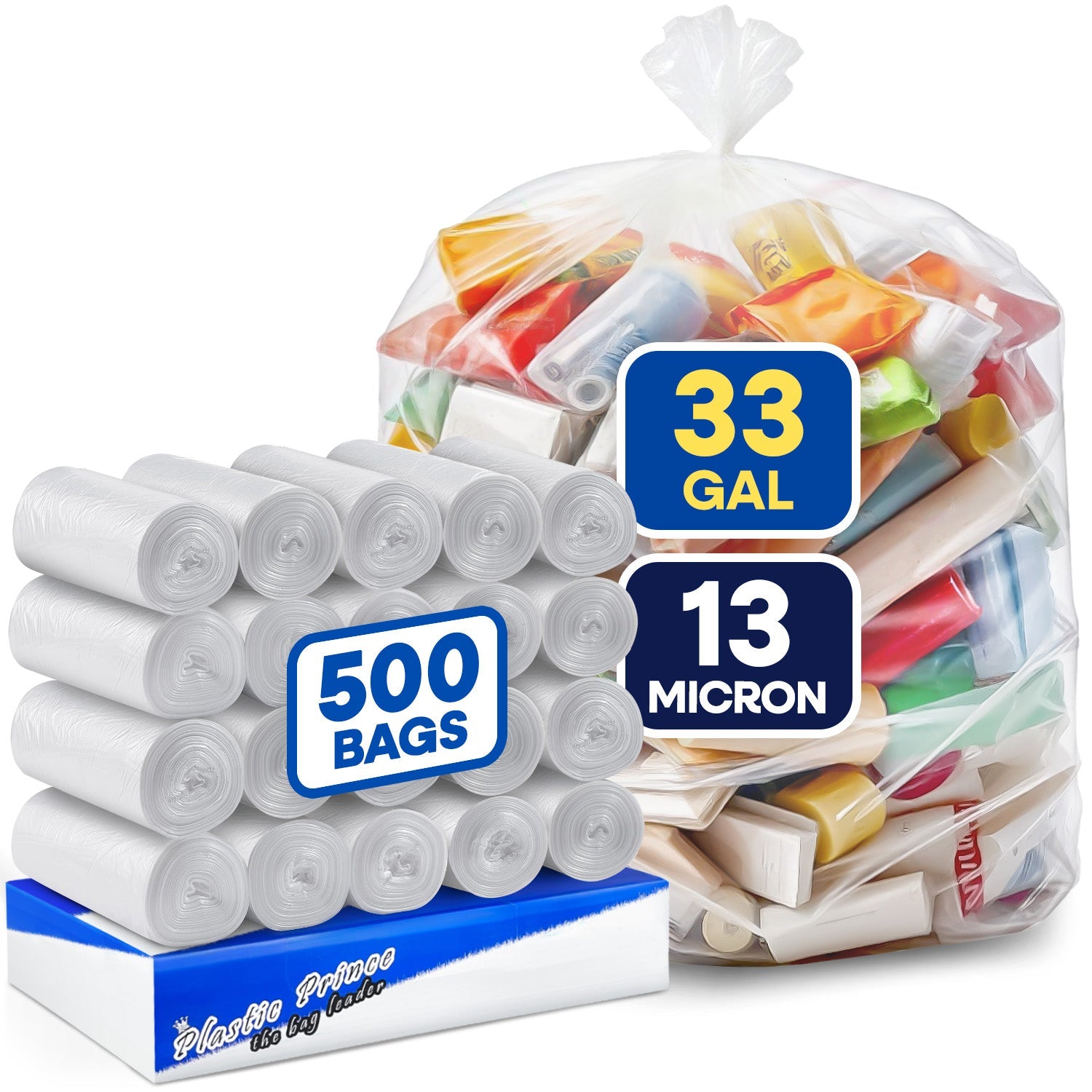 33in x 40in, 33 Gallon, 13 Mic, Clear High-Density Can Liners, 500/Case