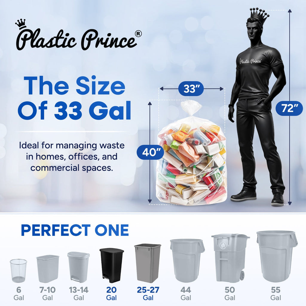 33in x 40in, 33 Gallon, 13 Mic, Clear High-Density Can Liners, 500/Case