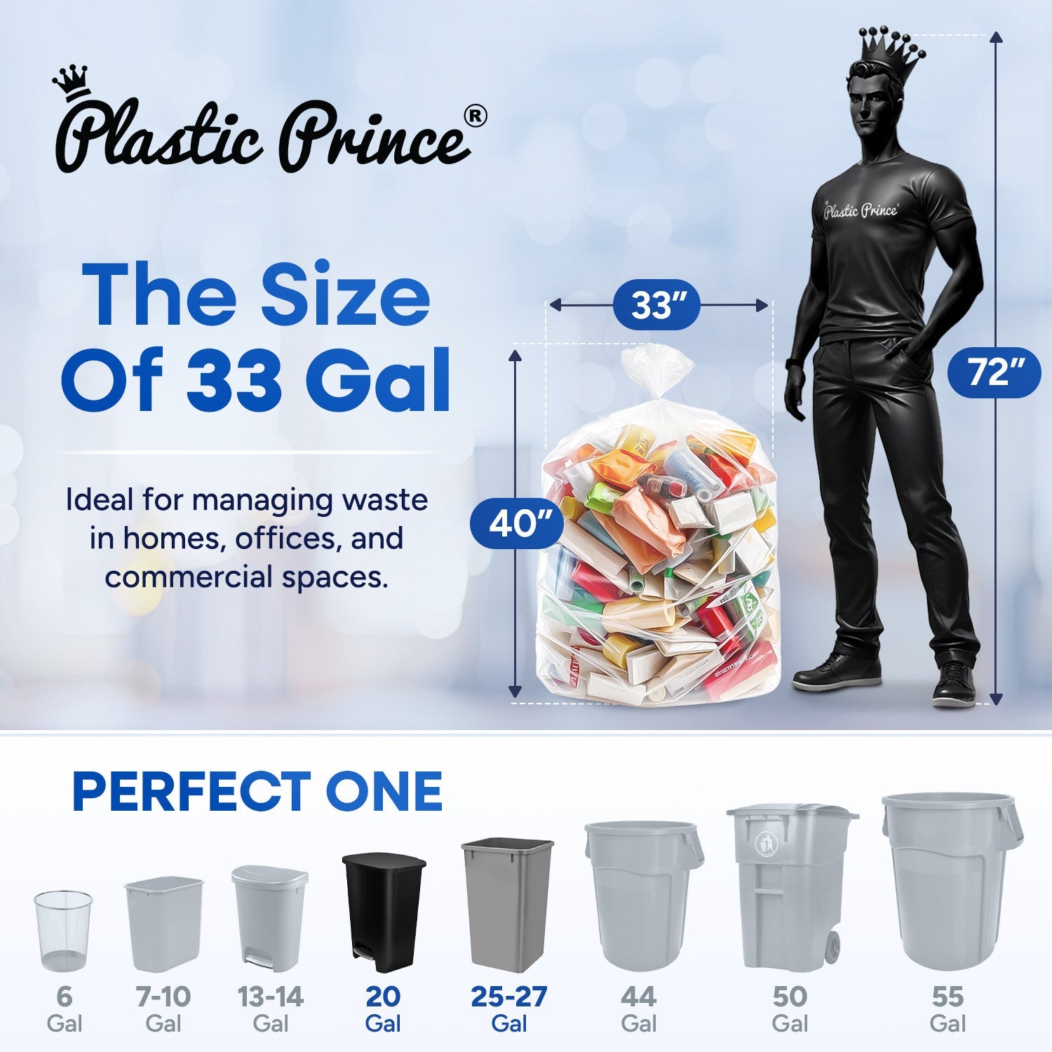 33in x 40in, 33 Gallon, 13 Mic, Clear High-Density Can Liners, 500/Case