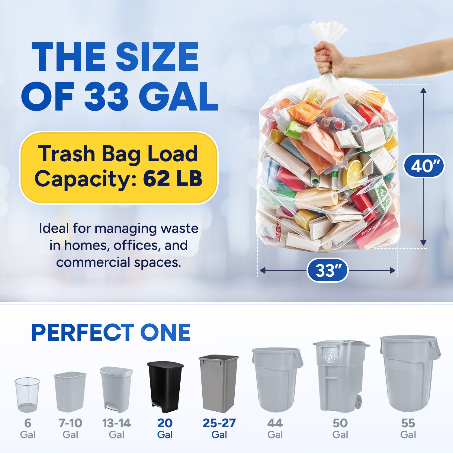 33" x 40", 33 Gal, 13 Mic, Clear High-Density Can Liners, 500/Case