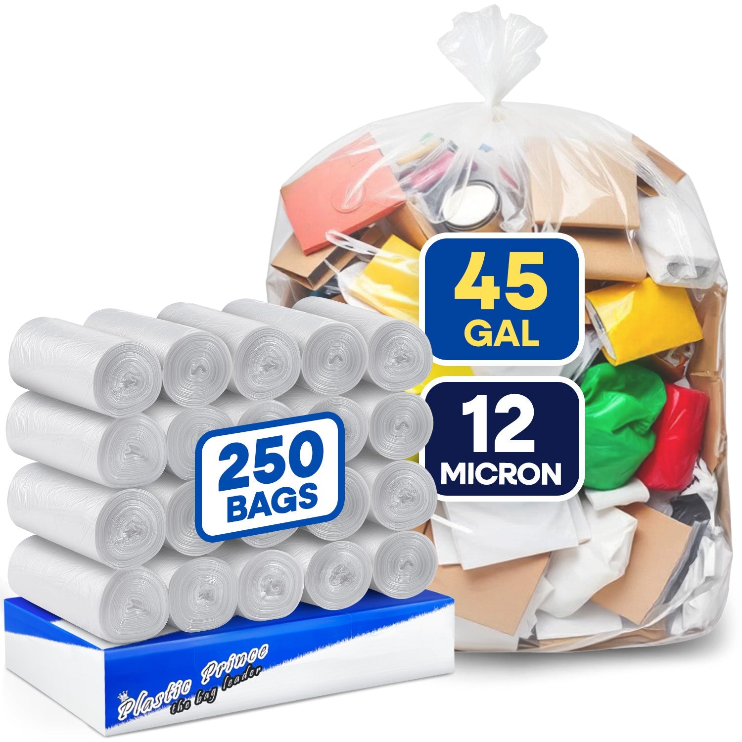 40in x 48in, 45 Gallon, 12 Mic, Clear High-Density Can Liners, 250/Case