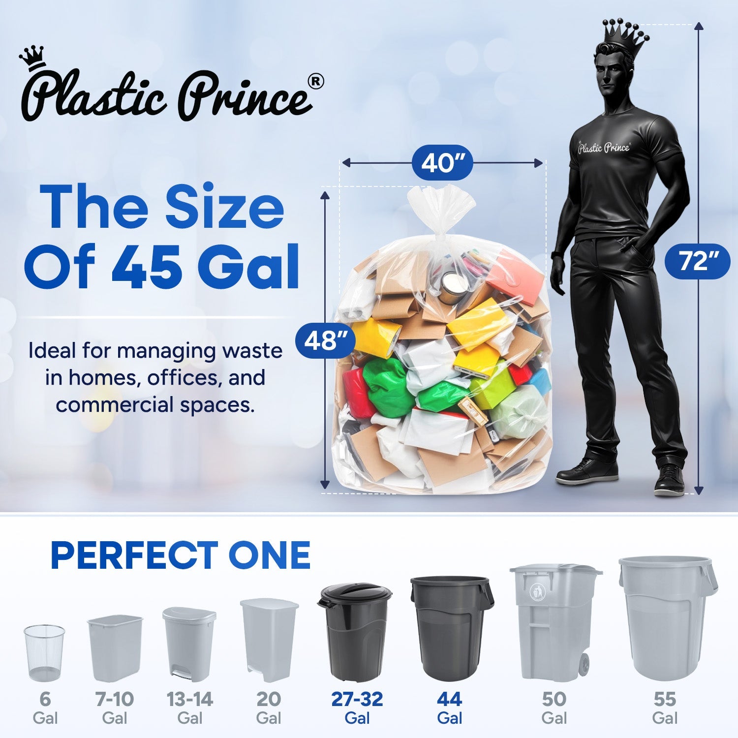 40in x 48in, 45 Gallon, 12 Mic, Clear High-Density Can Liners, 250/Case