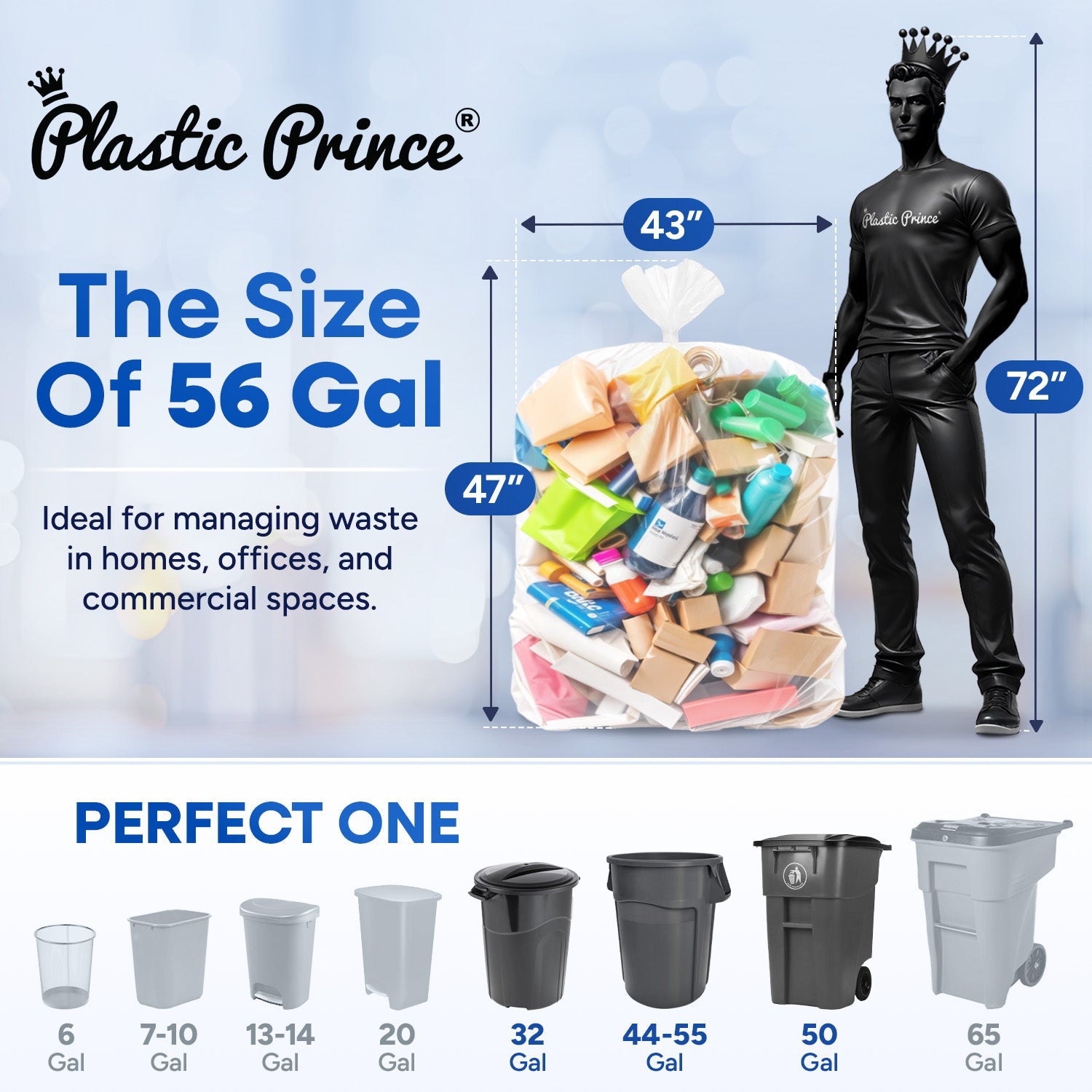 43in x 47in, 56 Gallon, 16 Mic, Clear High-Density Can Liners, 150/Case