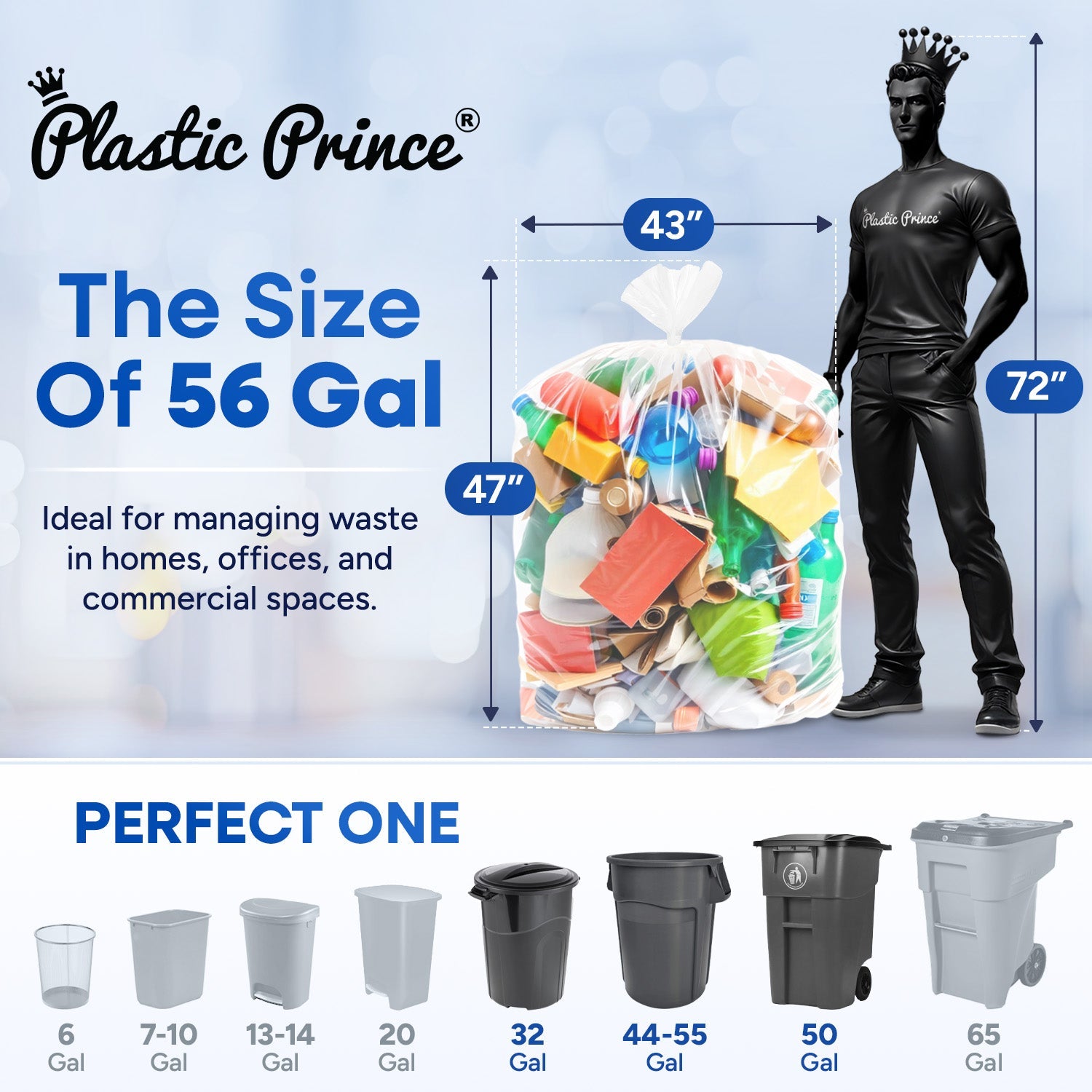 43in x 47in, 56 Gallon, 22 Mic, Clear High-Density Can Liners, 150/Case