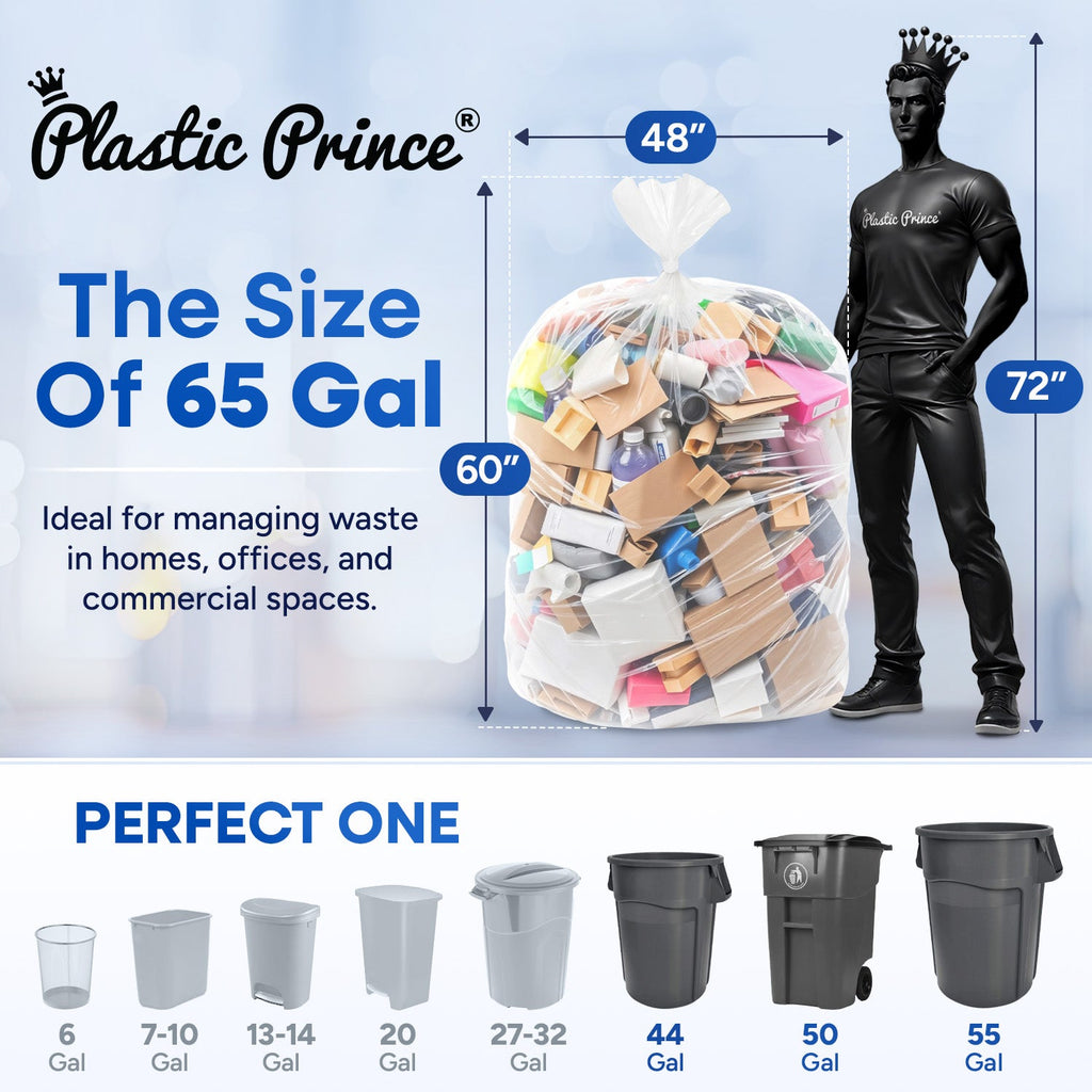 48in x 60in, 65 Gallon, 22 Mic, Clear High-Density Can Liners, 100/Case