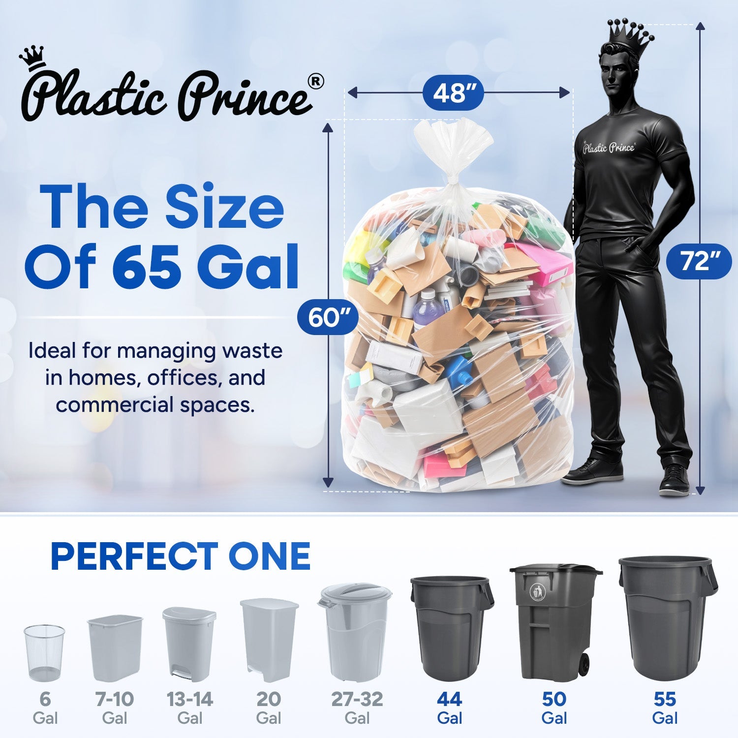 48in x 60in, 65 Gallon, 22 Mic, Clear High-Density Can Liners, 100/Case