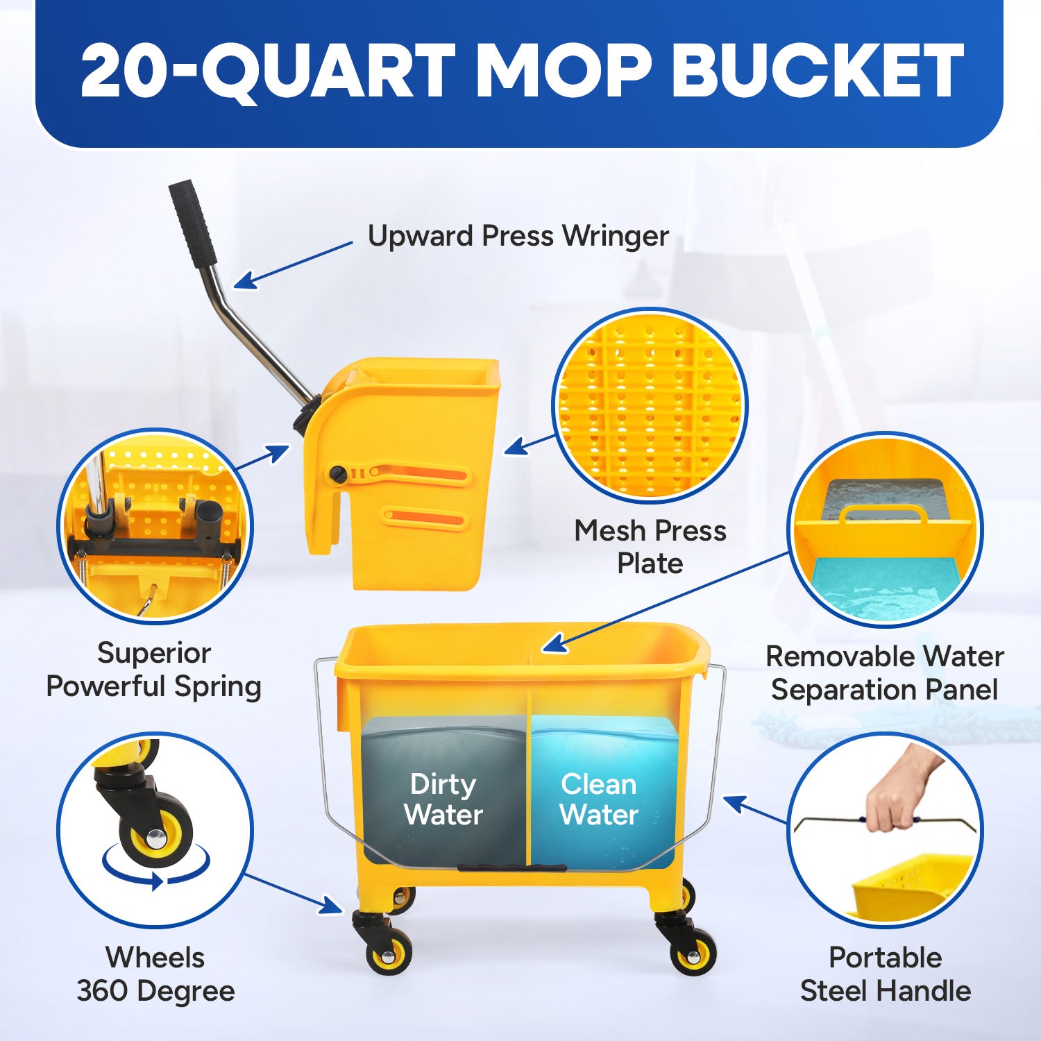 20-QT Upward Press Mop Bucket and Wringer, Yellow