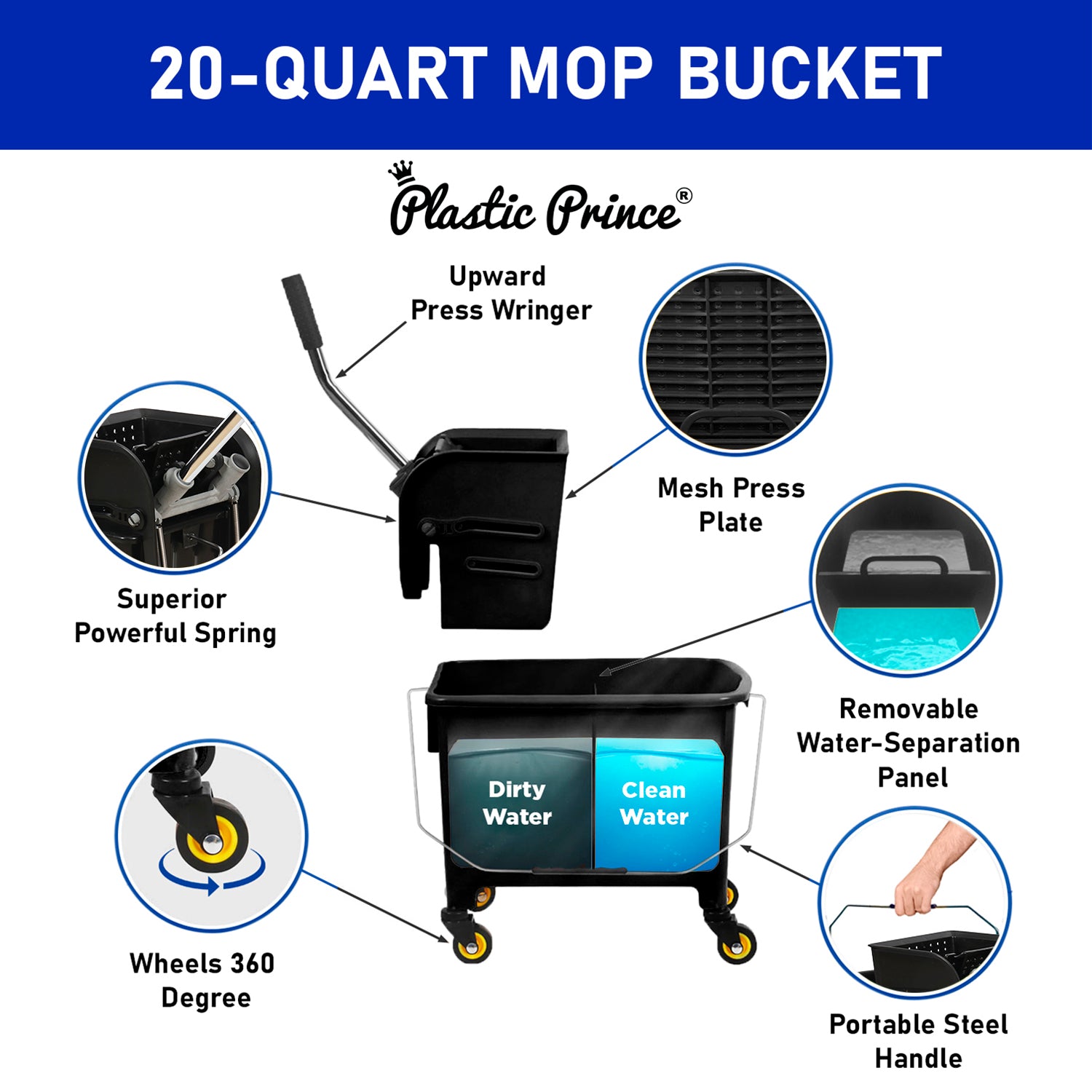 20-QT Upward Press Mop Bucket and Wringer, Black