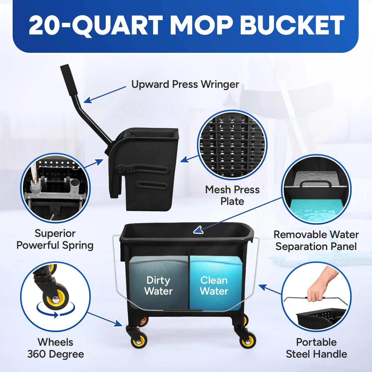 20-QT Upward Press Mop Bucket and Wringer, Black