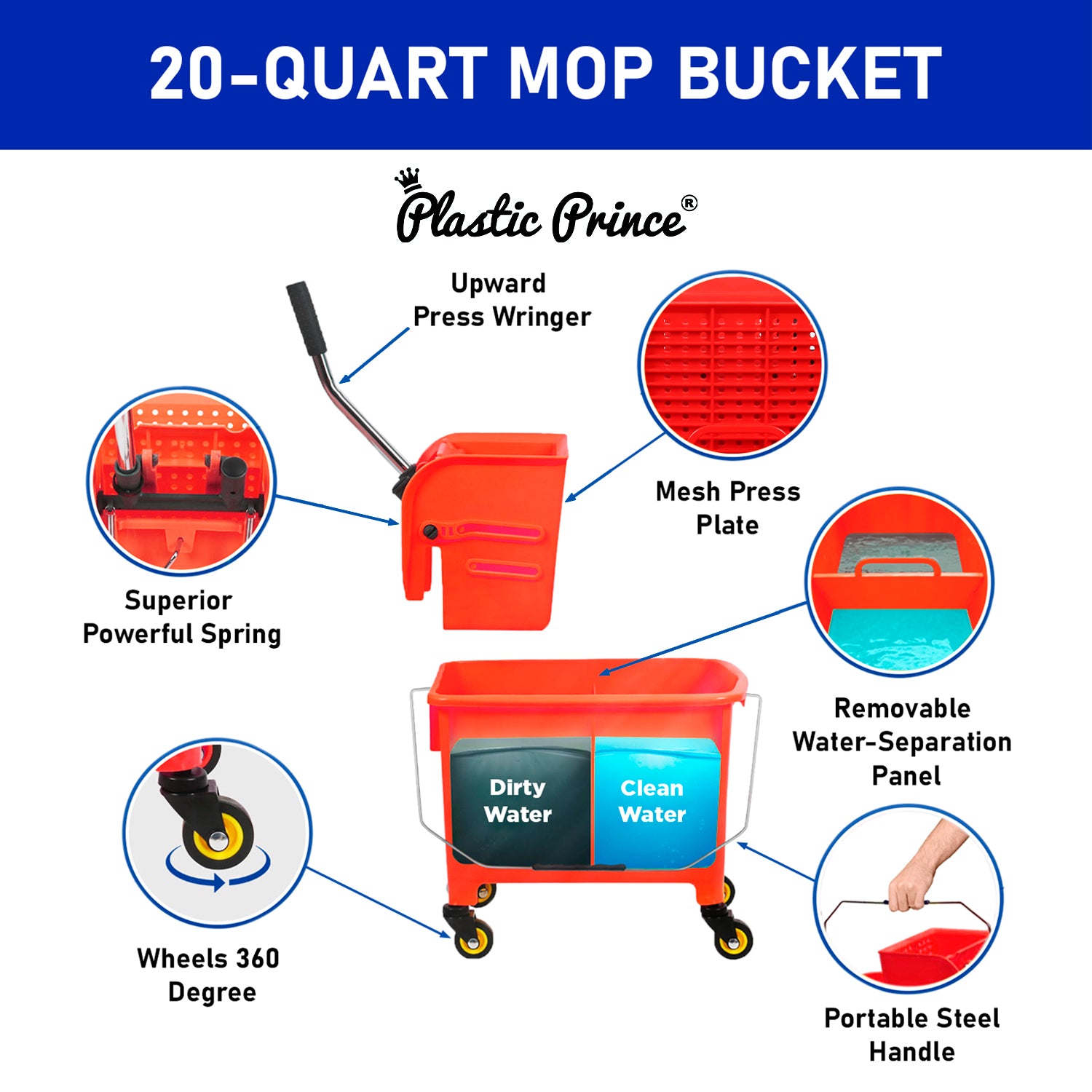 20-QT Upward Press Mop Bucket and Wringer, Red