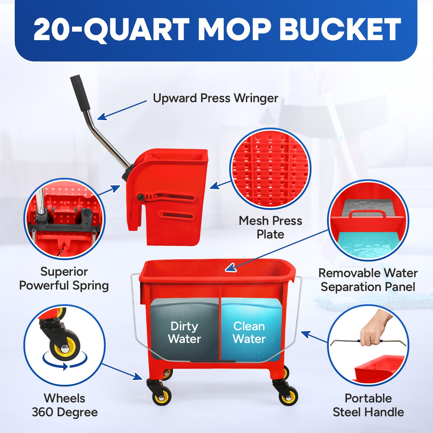 20-QT Upward Press Mop Bucket and Wringer, Red